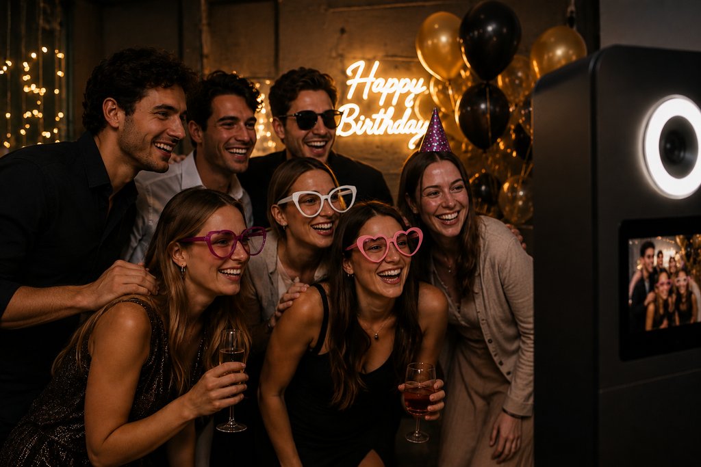 Freundesgruppe feiert ausgelassen vor der Fotobox auf einer Geburtstagsparty