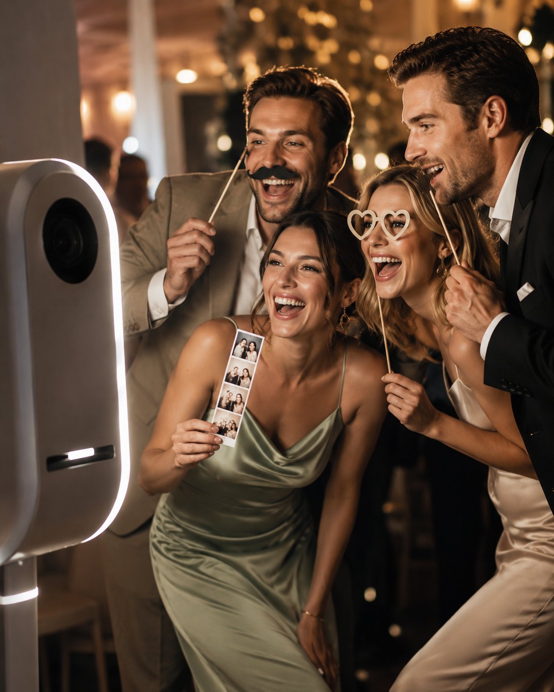 Vier elegant gekleidete Gäste lachen vor der Fotobox auf einem Event im Taunus