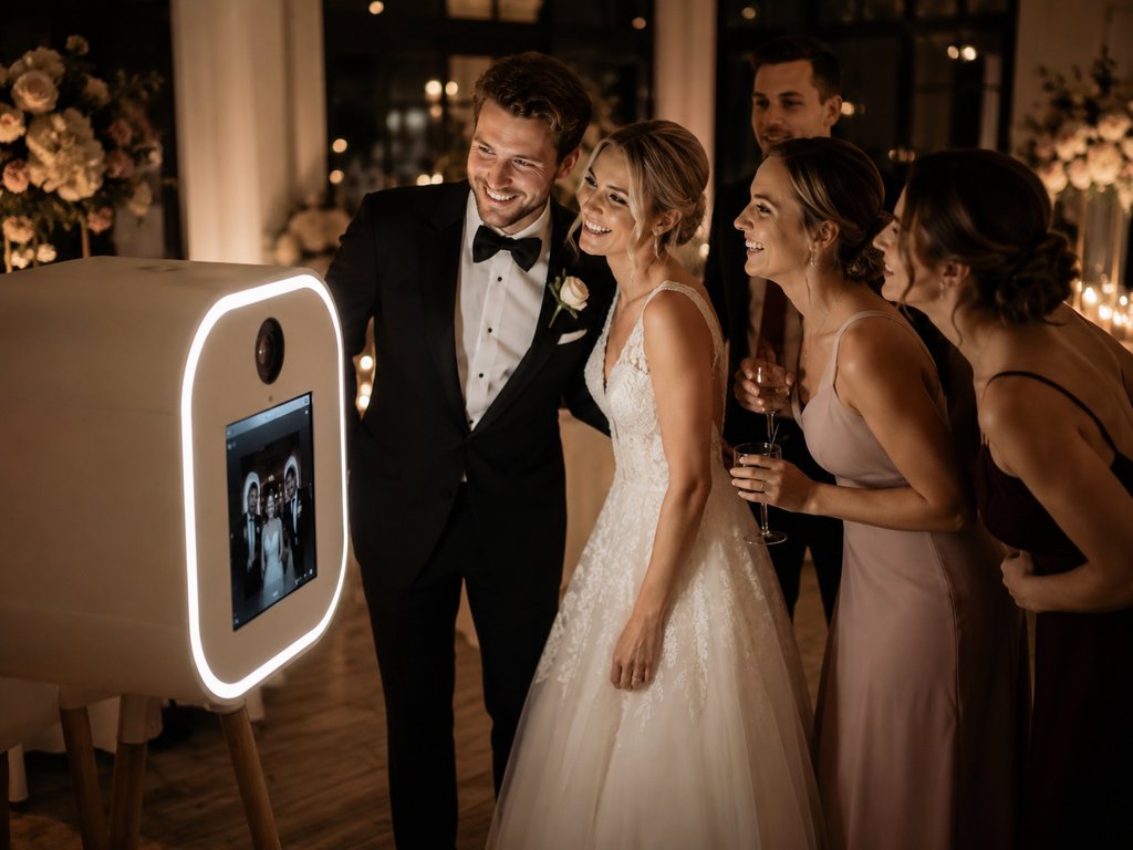 Brautpaar mit Trauzeugen lacht vor der Fotobox auf einer Hochzeit im Taunus